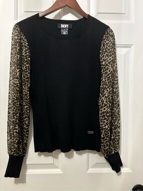 DKNY Black Sweater with Leopard-Print Sheer Sleeves